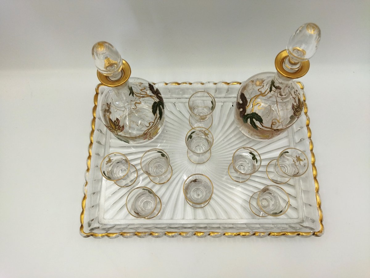 ART NOUVEAU Service à Liqueur Flacons et Verrerie Motif Floral Émaillé XIX-photo-2