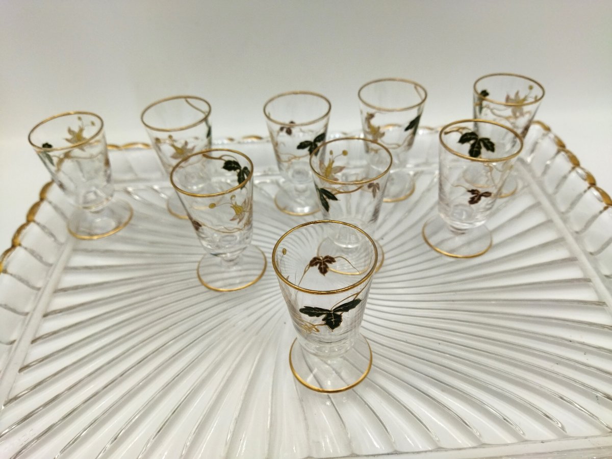 ART NOUVEAU Service à Liqueur Flacons et Verrerie Motif Floral Émaillé XIX-photo-4
