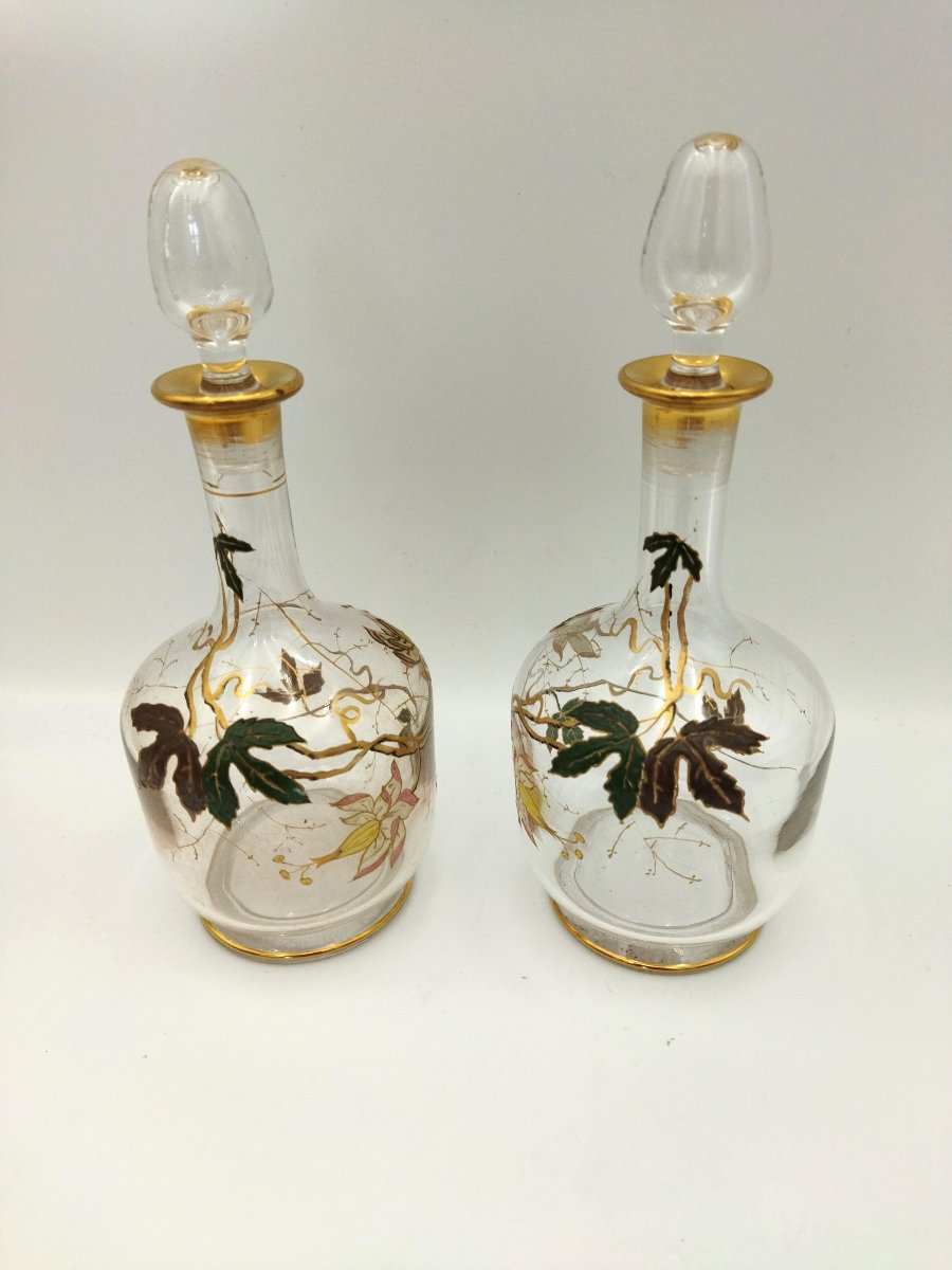 ART NOUVEAU Service à Liqueur Flacons et Verrerie Motif Floral Émaillé XIX-photo-1