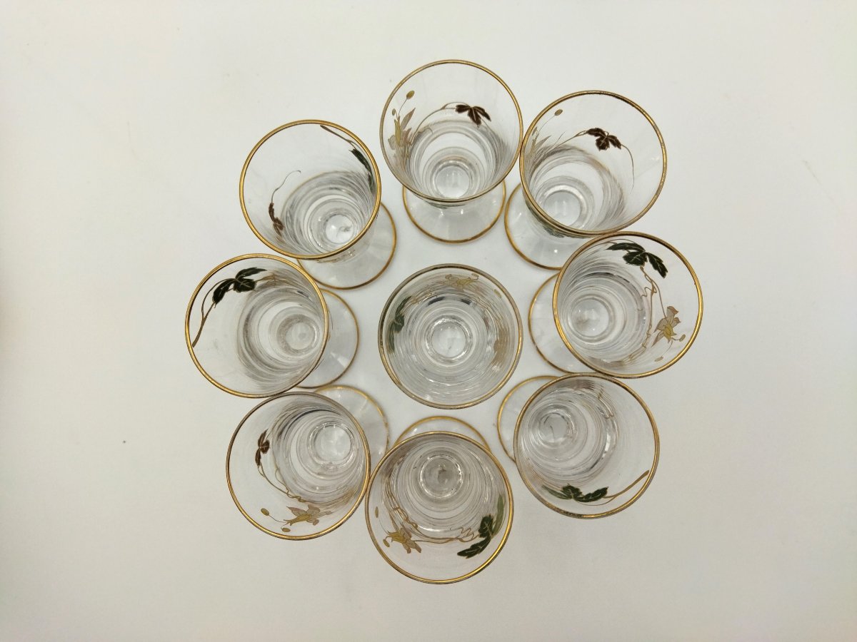 ART NOUVEAU Service à Liqueur Flacons et Verrerie Motif Floral Émaillé XIX-photo-2