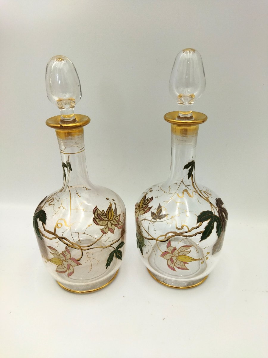 ART NOUVEAU Service à Liqueur Flacons et Verrerie Motif Floral Émaillé XIX-photo-6