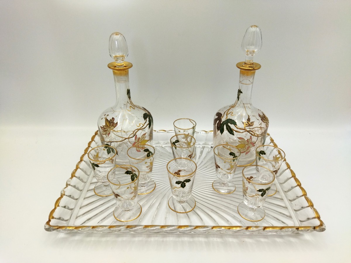ART NOUVEAU Service à Liqueur Flacons et Verrerie Motif Floral Émaillé XIX