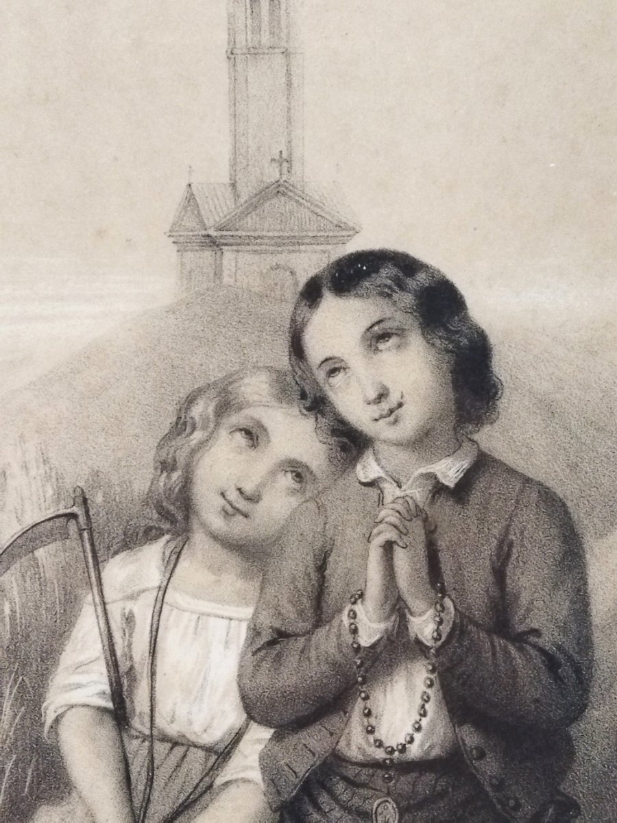 l'Angélus Antique Engraving Jeunes Enfants Priant Scène Pieux Champêtre Ed. Dopter Paris XIX-photo-6