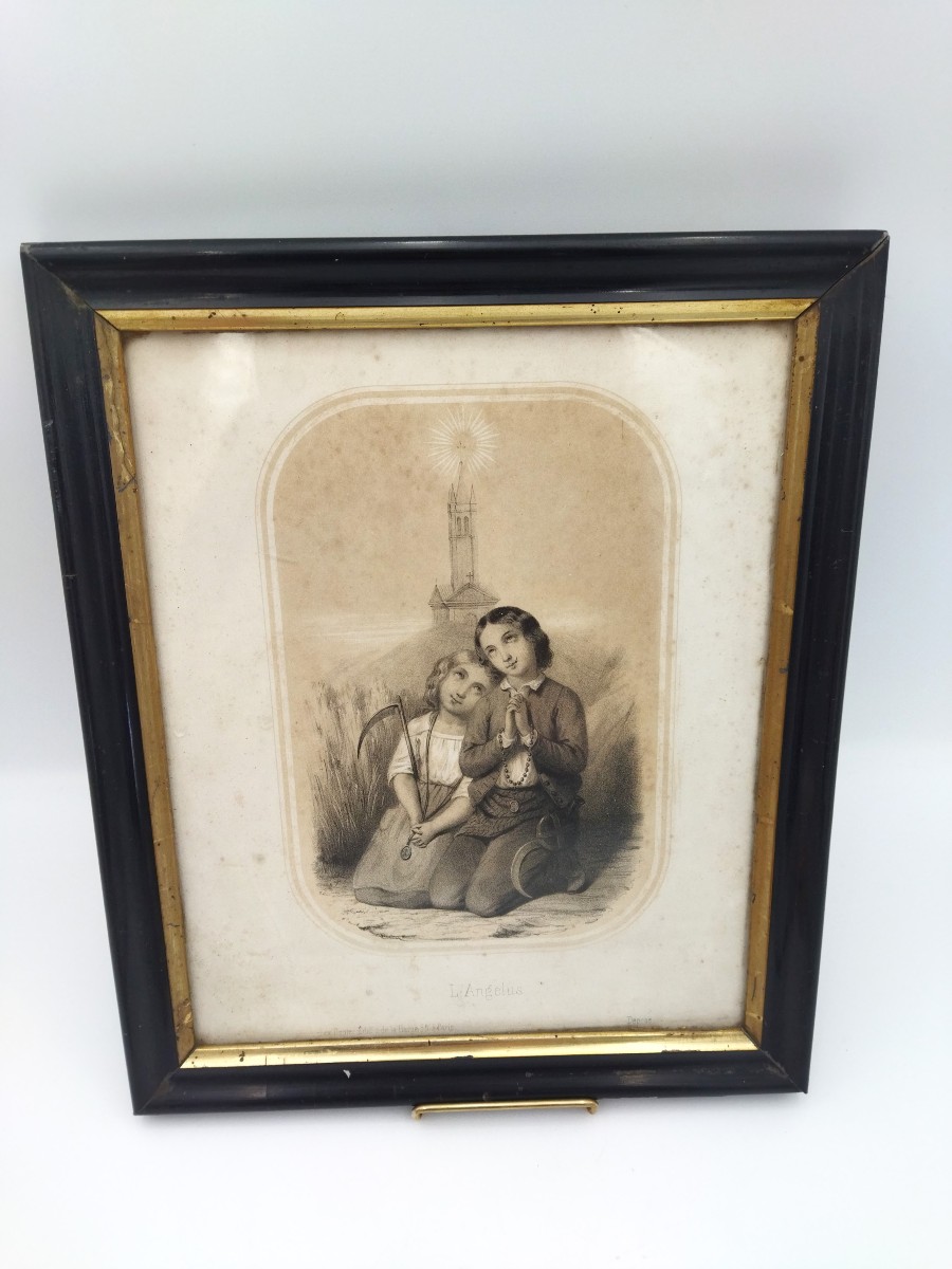 l'Angélus Antique Engraving Jeunes Enfants Priant Scène Pieux Champêtre Ed. Dopter Paris XIX