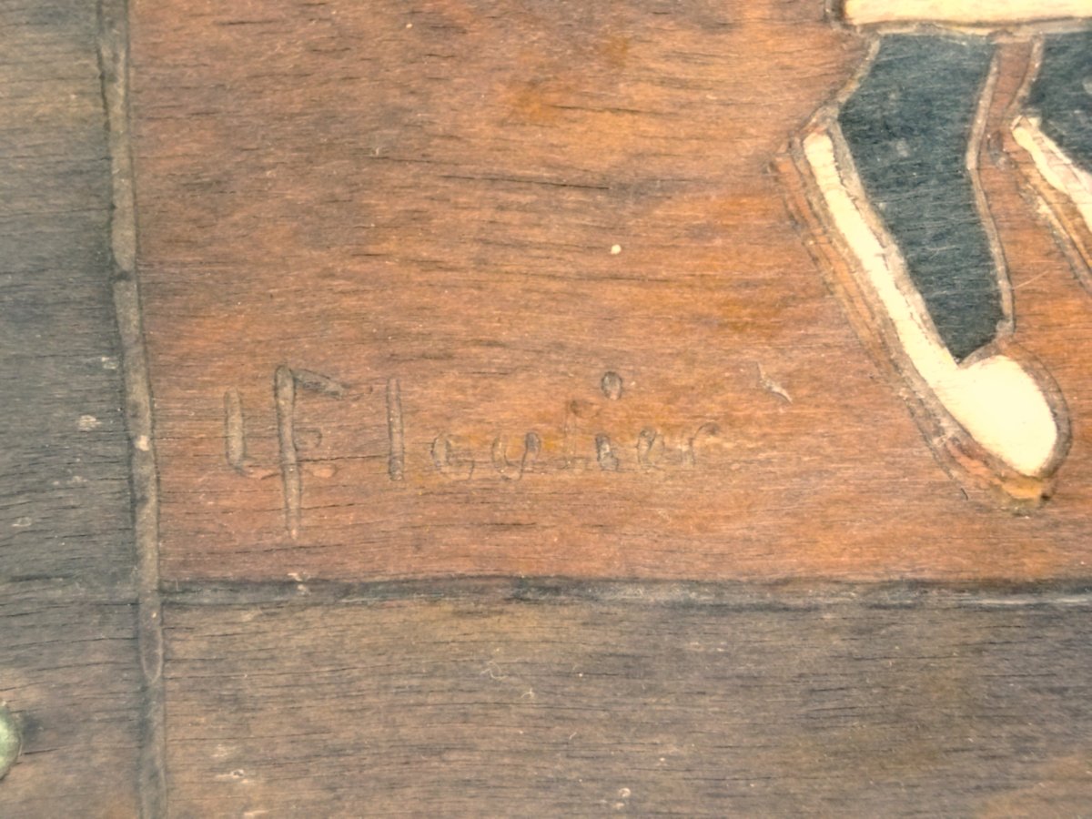 FLOUTIER BUSSY Panneau Bois Pyrogravé Peint Scène Basque Joueur de Chistera Fronton COLLECTION-photo-2