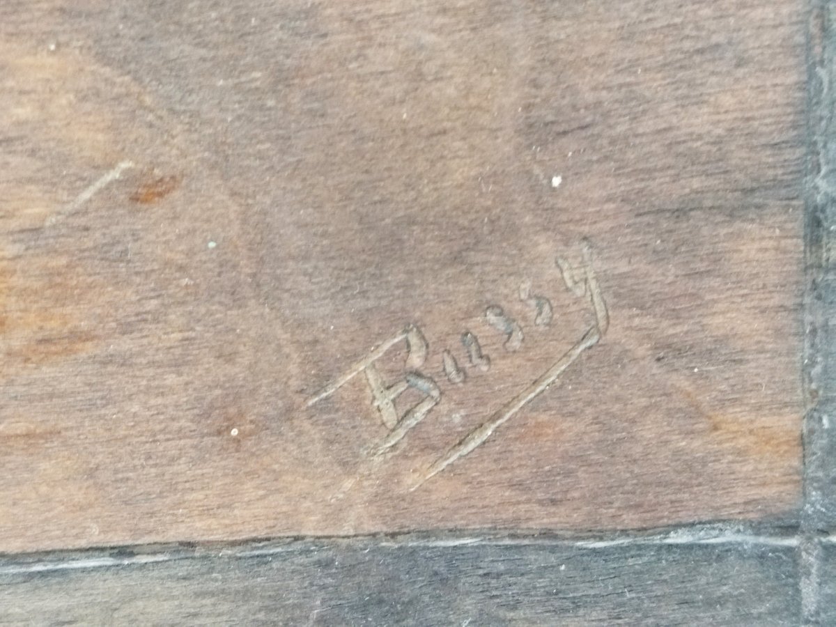 FLOUTIER BUSSY Panneau Bois Pyrogravé Peint Scène Basque Joueur de Chistera Fronton COLLECTION-photo-3