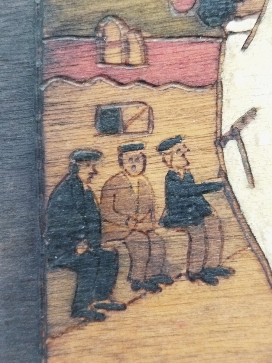FLOUTIER BUSSY Panneau Bois Pyrogravé Peint Scène Basque Joueur de Chistera Fronton COLLECTION-photo-4