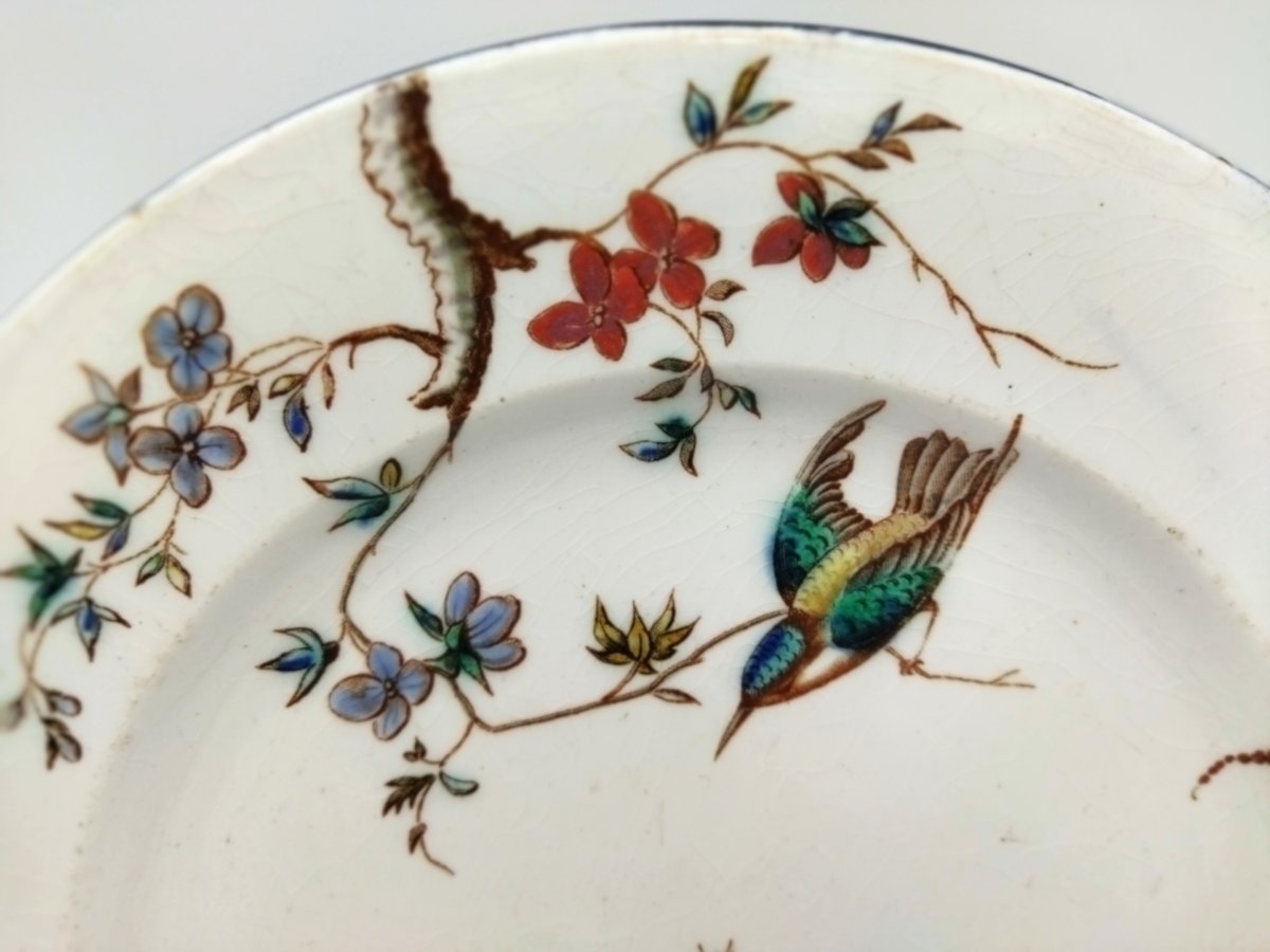 VIEILLARD BORDEAUX Assiette ancienne  en Faience Décor Floral  & Oiseaux Service "NELLA" -photo-1