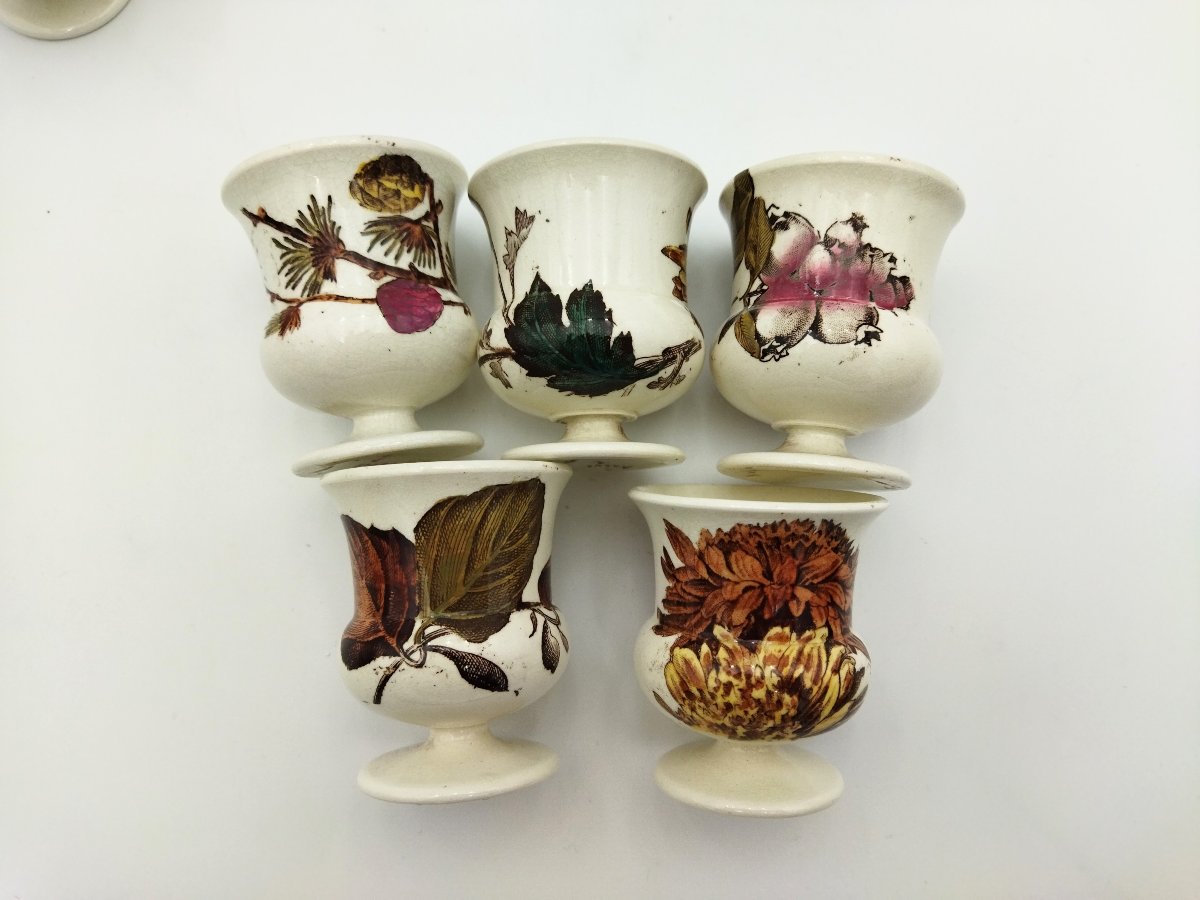 Chrysanthemum" 10 Egg Cups In English Earthenware With Floral & Plant Motifs-photo-1