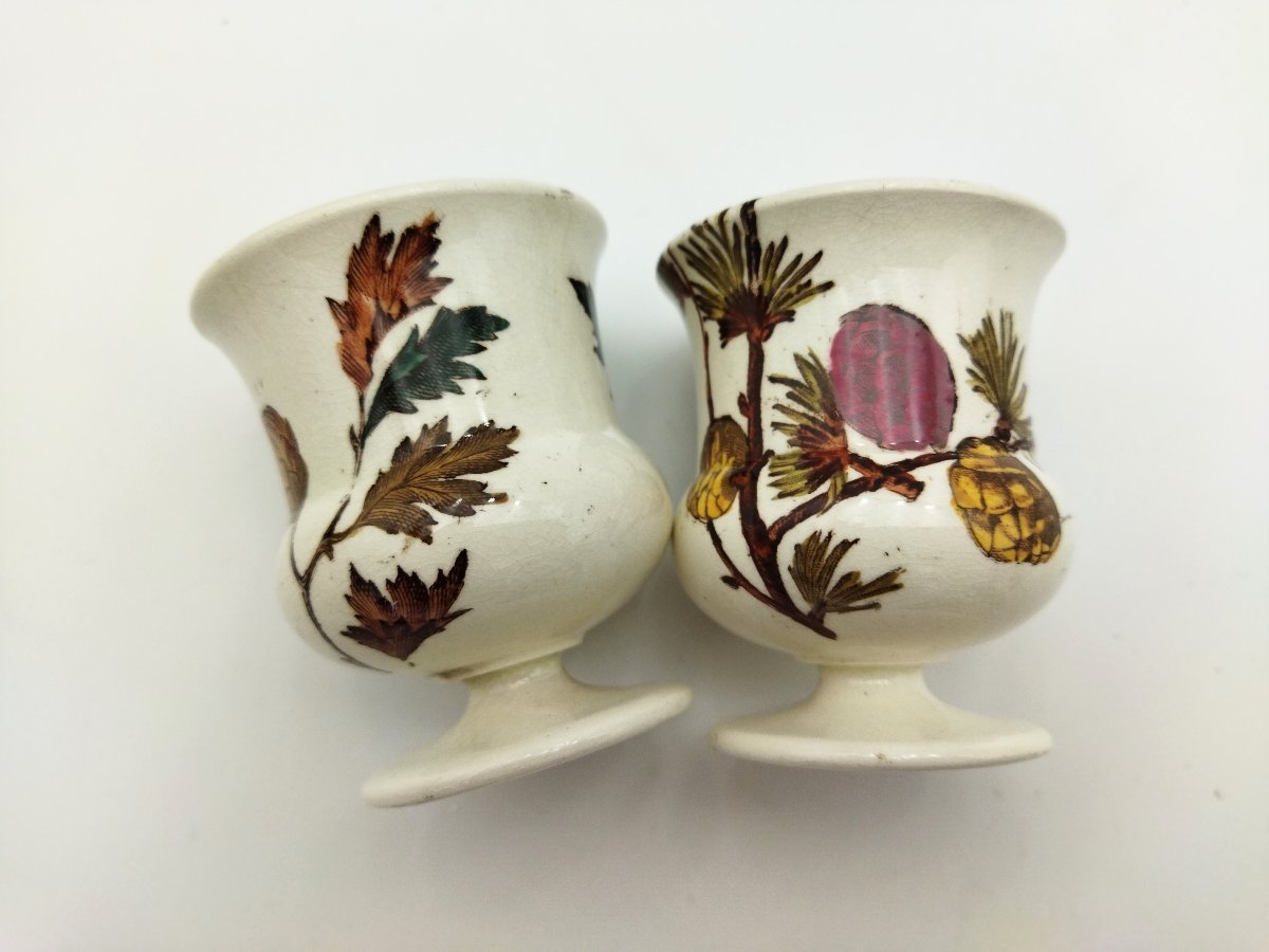 Chrysanthemum" 10 Egg Cups In English Earthenware With Floral & Plant Motifs-photo-3