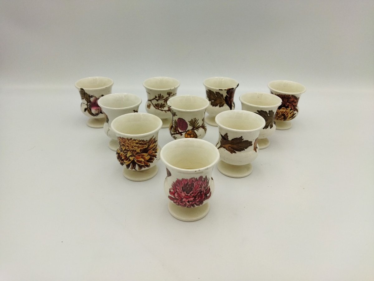 Chrysanthemum" 10 Egg Cups In English Earthenware With Floral & Plant Motifs