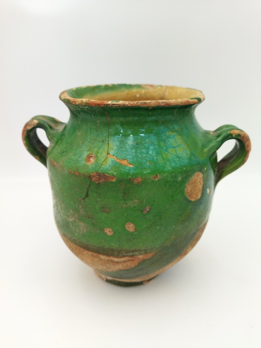 POTERIE VERTE Vernissée Ancienne Sud-Ouest Pot à Graisse/Confit Art Populaire Collection 18cms