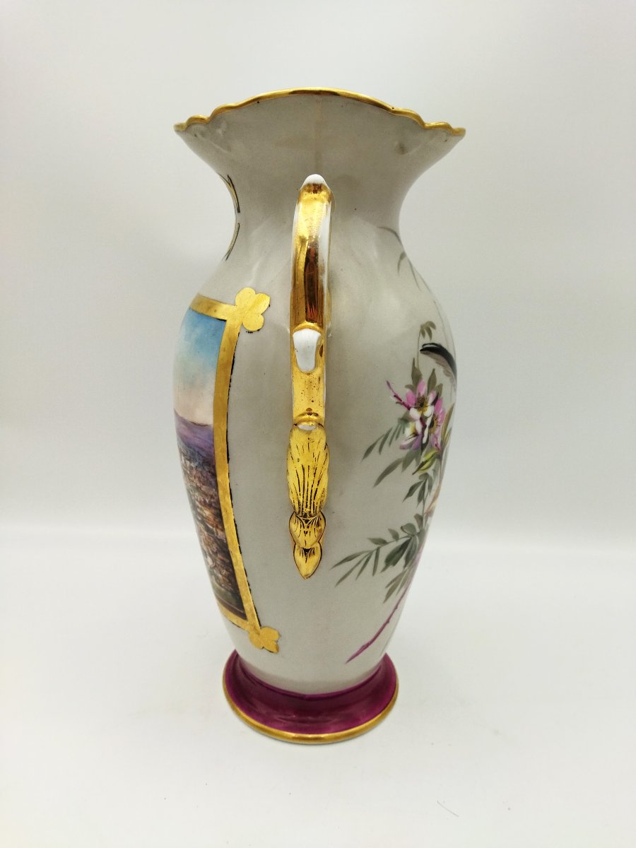 Paris Porcelain Large Monogrammed Vase With Titmouse And Harbor Scene, 19th Century Collection-photo-2
