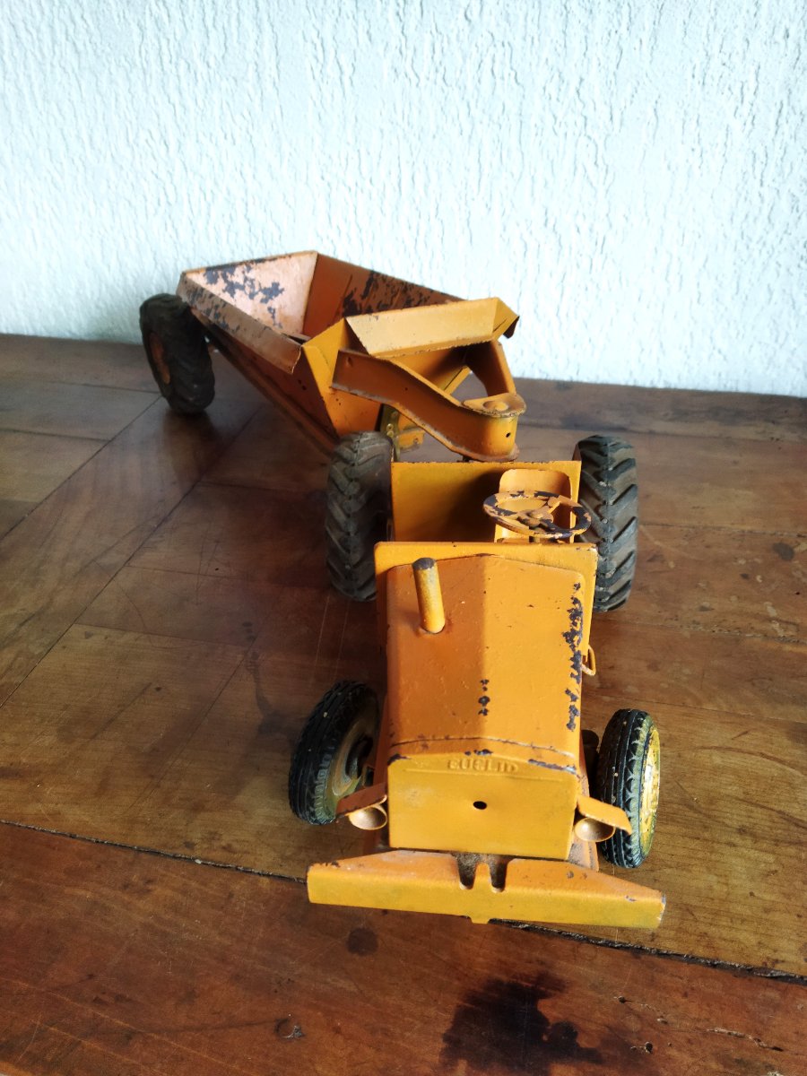 Euclid Toy Vintage Tractor And Trailer, Painted Metal, Collection-photo-2