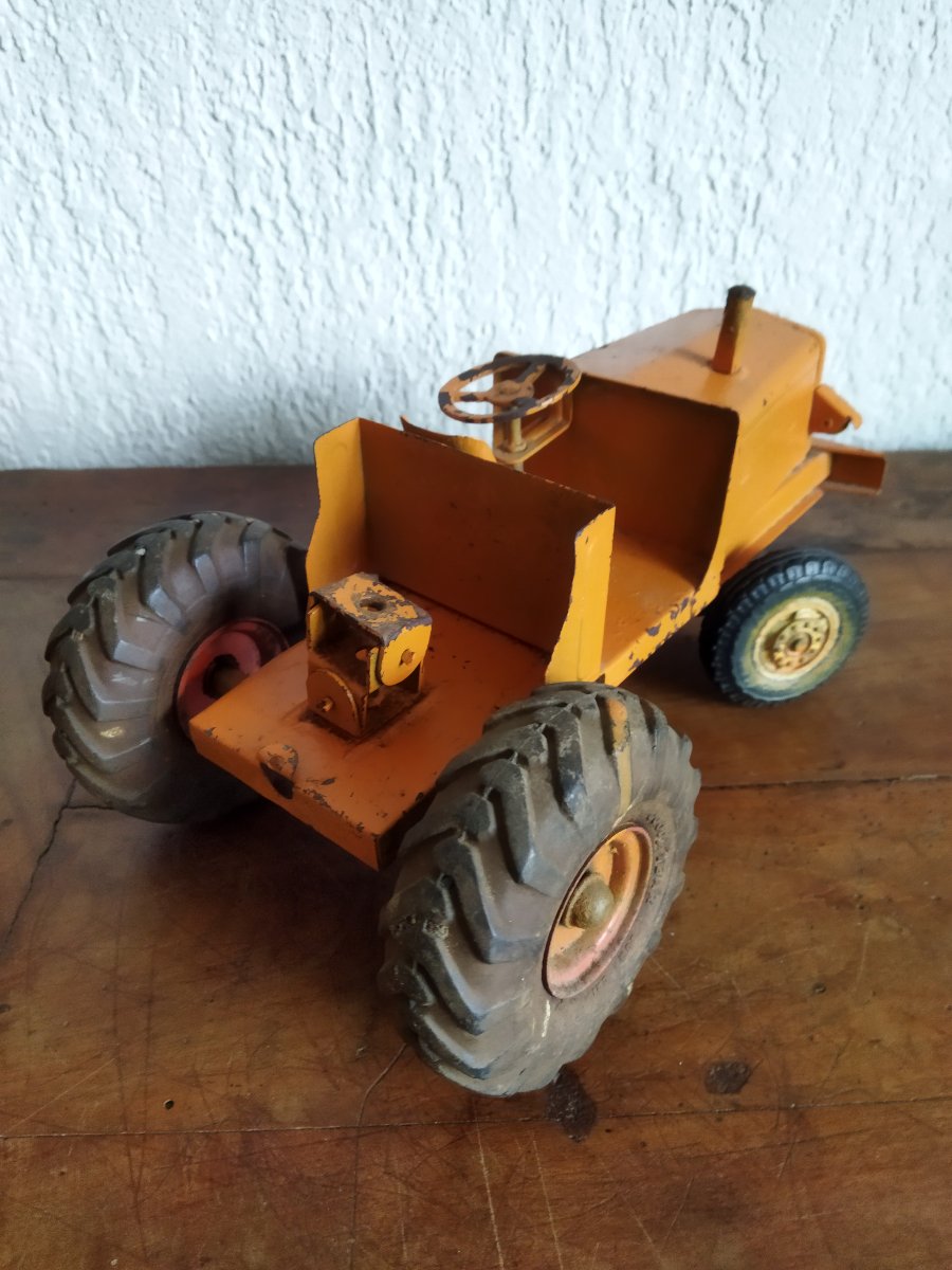 Euclid Toy Vintage Tractor And Trailer, Painted Metal, Collection-photo-6