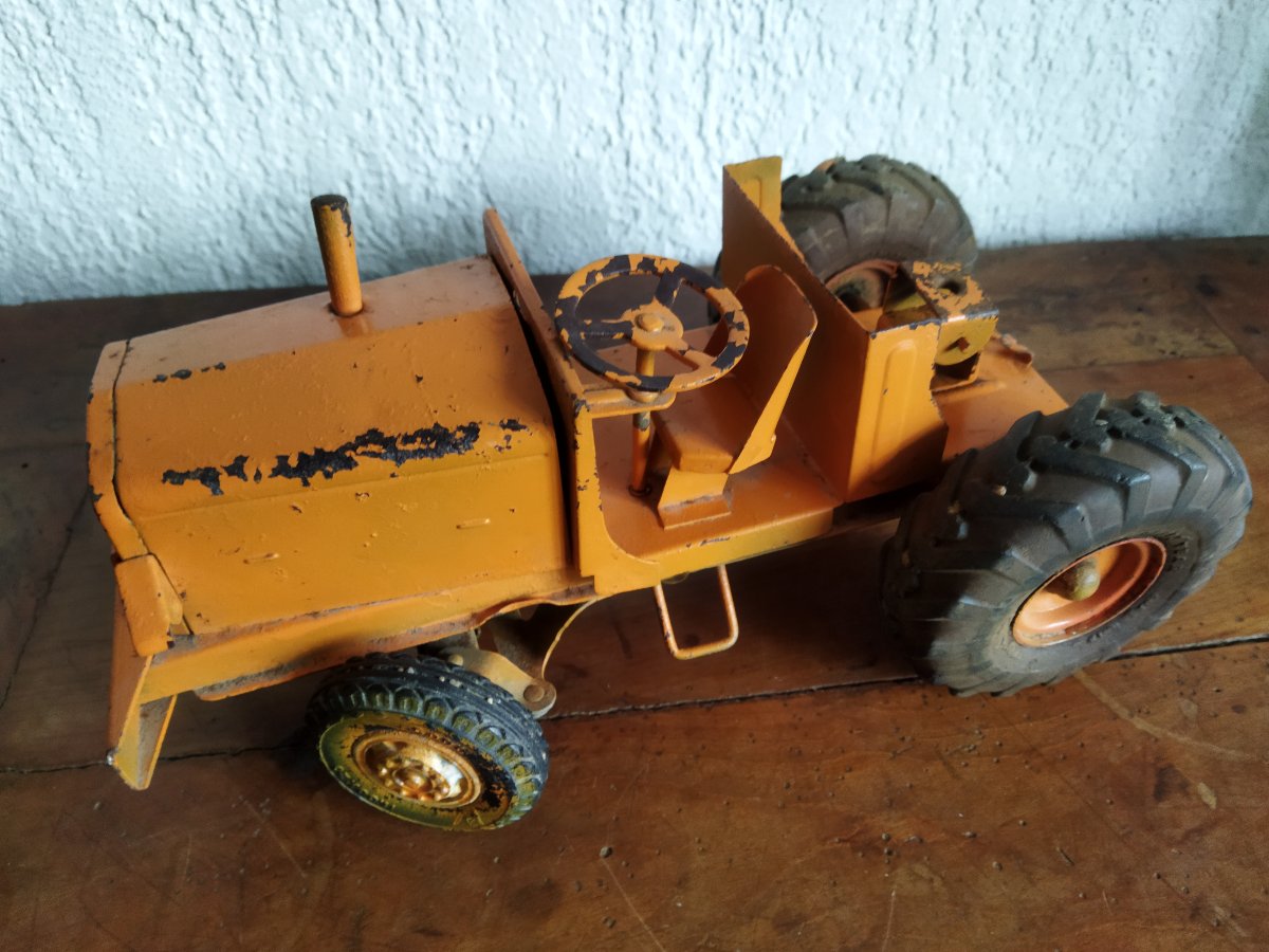 Euclid Toy Vintage Tractor And Trailer, Painted Metal, Collection-photo-7