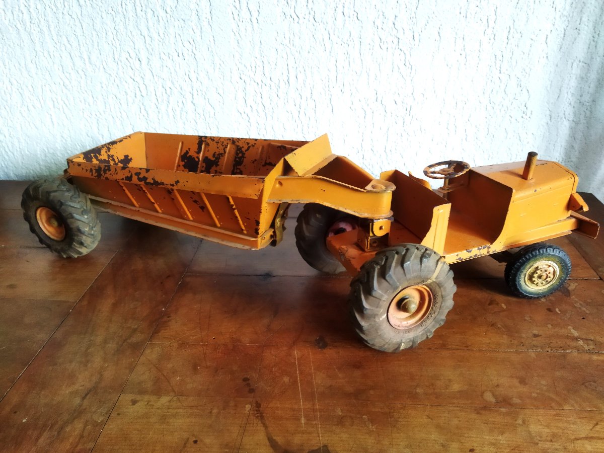 Euclid Toy Vintage Tractor And Trailer, Painted Metal, Collection