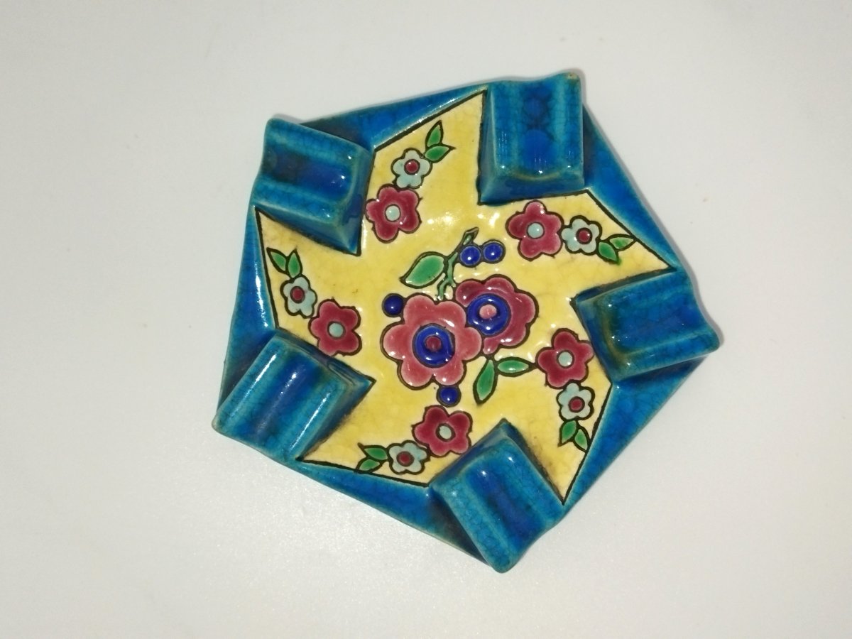 Longwy Antique Ashtray, Cloisonné Enamel, Floral Motifs-photo-4