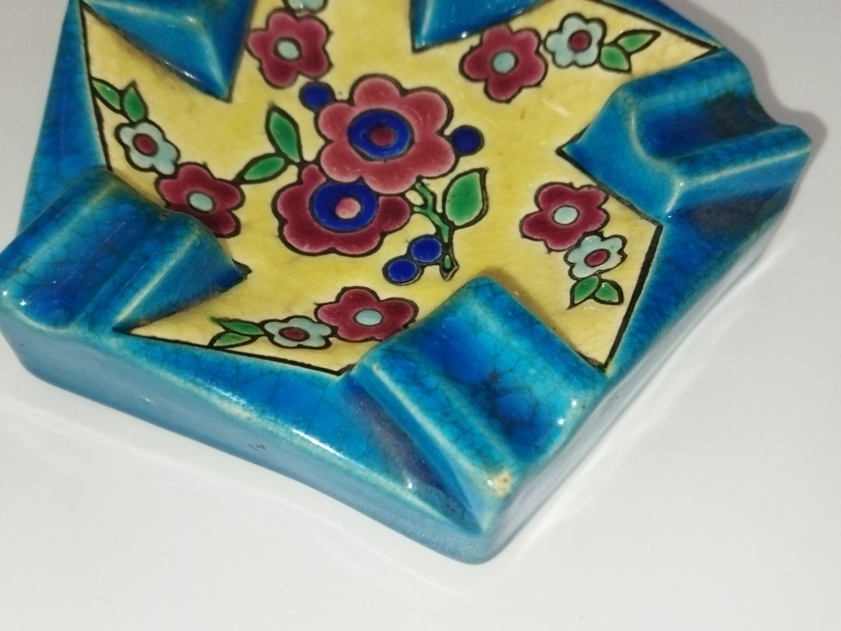 Longwy Antique Ashtray, Cloisonné Enamel, Floral Motifs-photo-4