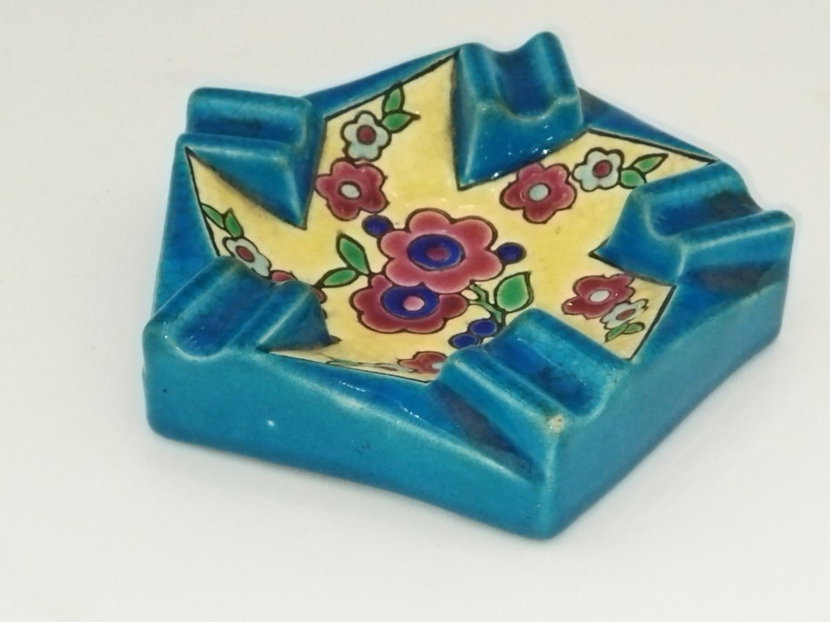 Longwy Antique Ashtray, Cloisonné Enamel, Floral Motifs