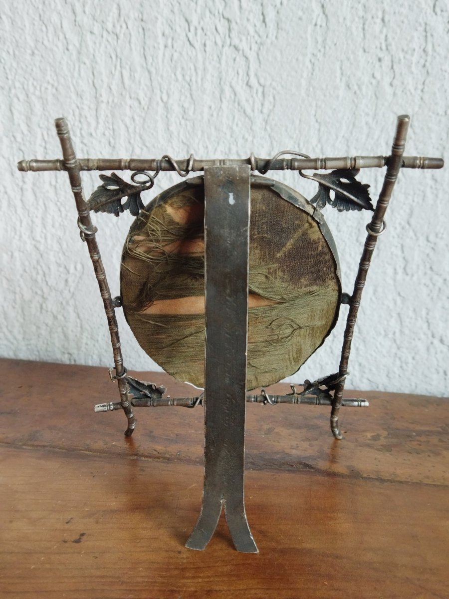 Oval Beveled Metal Tabletop Mirror With Bamboo Design, 19th Century-photo-3