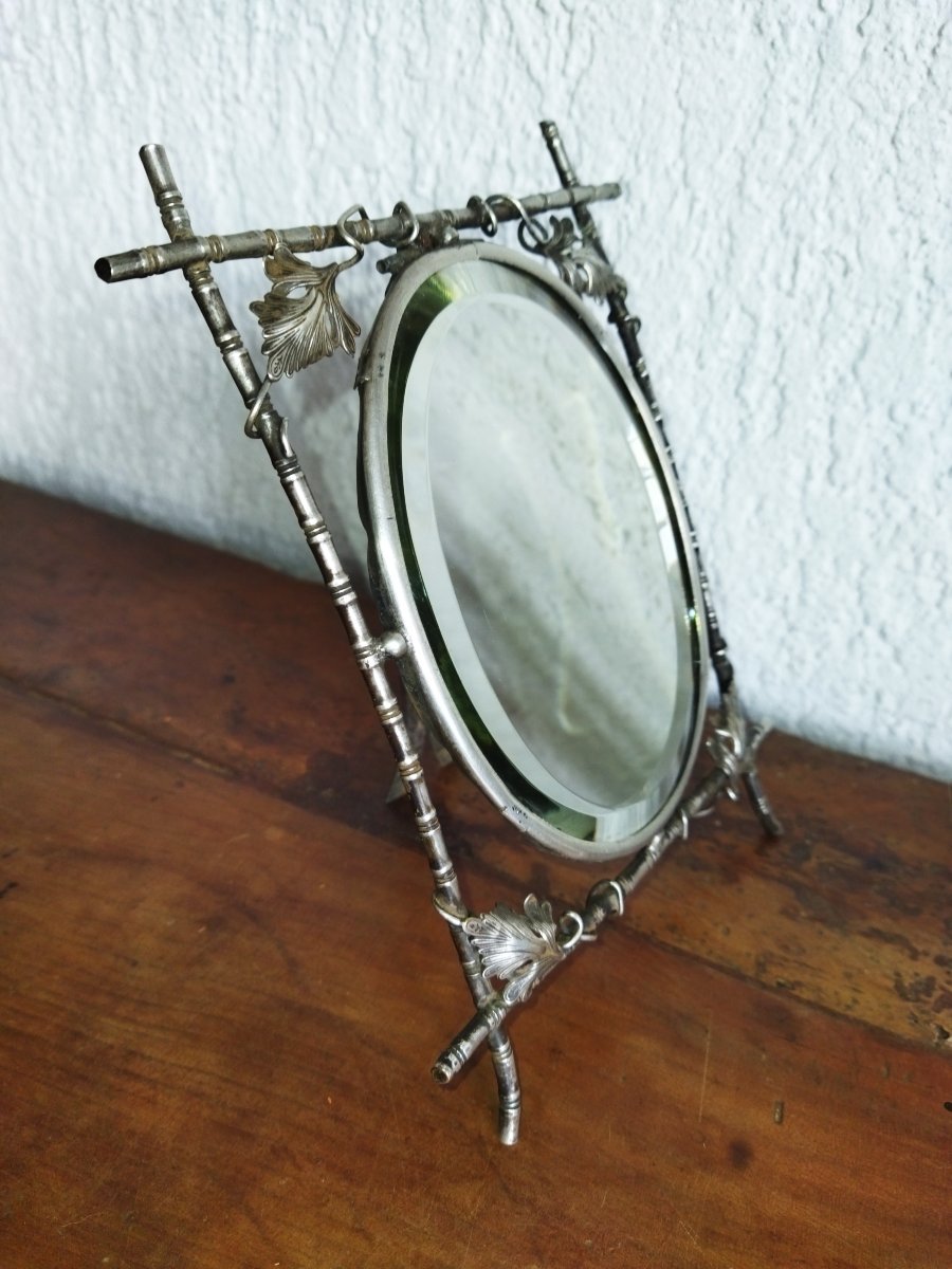 Oval Beveled Metal Tabletop Mirror With Bamboo Design, 19th Century-photo-3