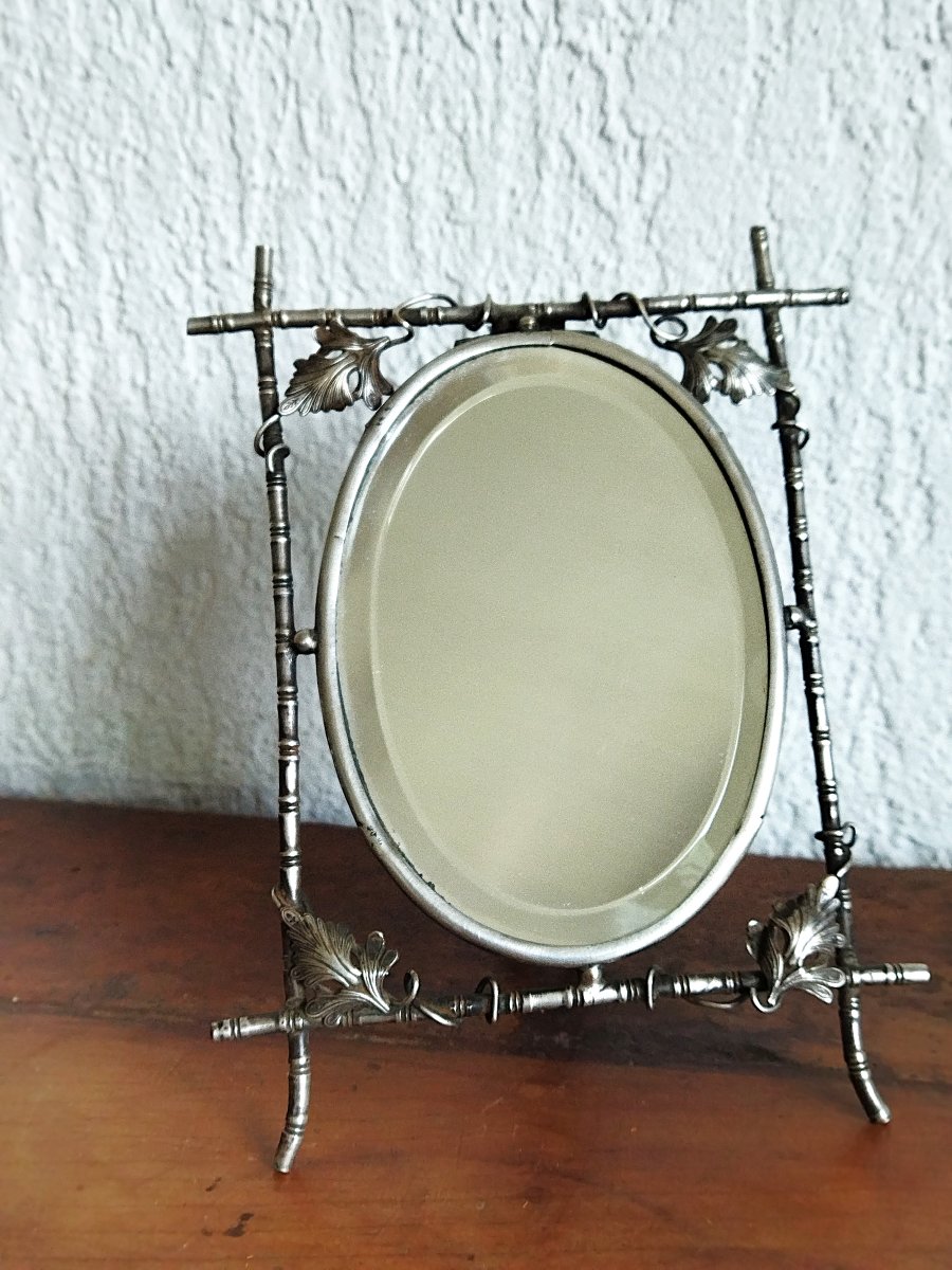 Oval Beveled Metal Tabletop Mirror With Bamboo Design, 19th Century