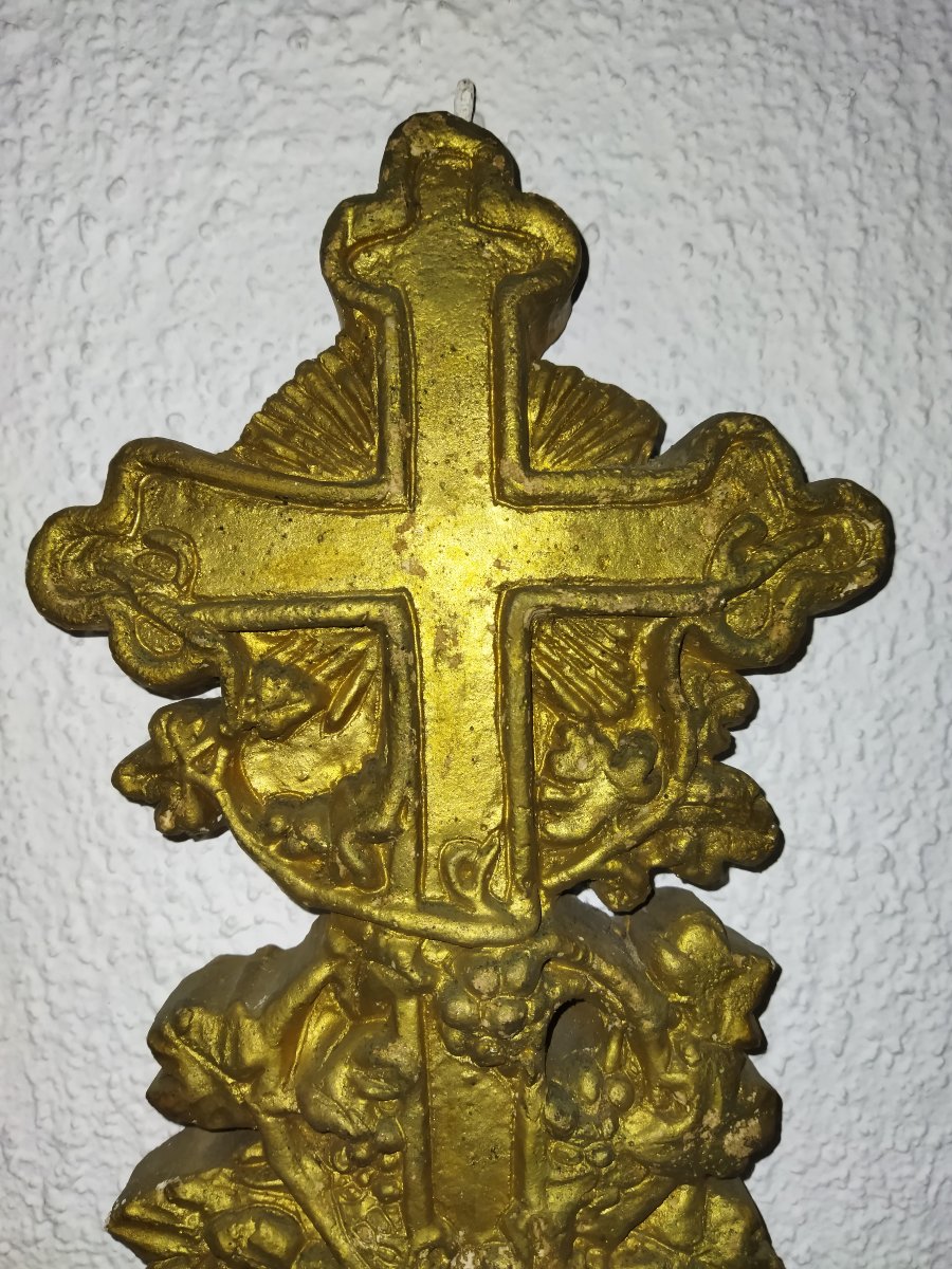 CRUCIFIX  Mural Ancien Ornement Religieux Plâtre doré XIX-photo-4
