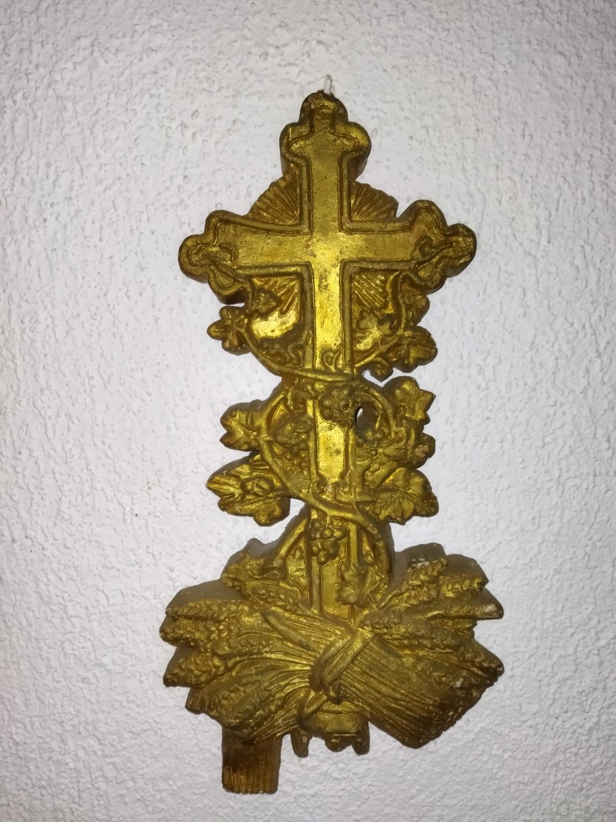 CRUCIFIX  Mural Ancien Ornement Religieux Plâtre doré XIX