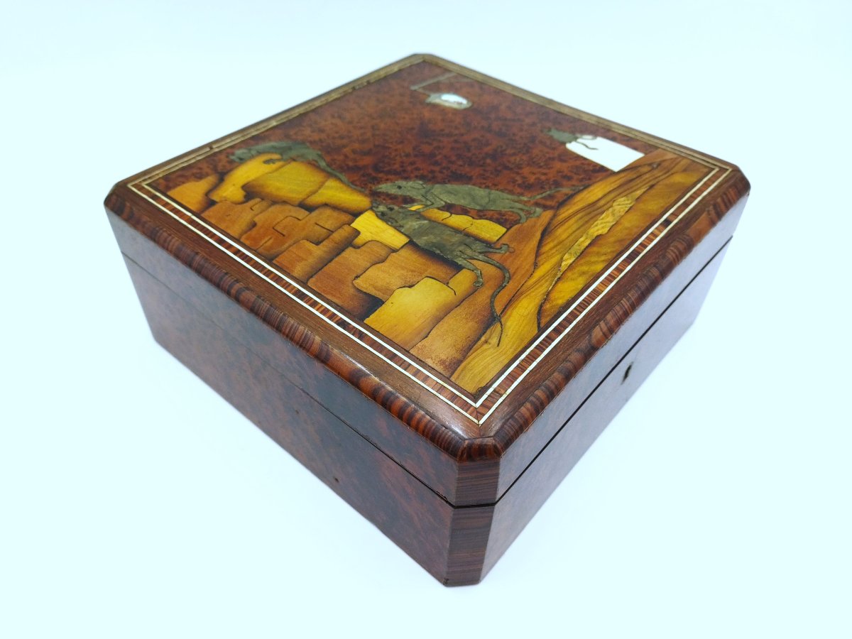 Wooden Jewelry Box With Inlays, Red Padding, "city Rats" Scene-photo-3