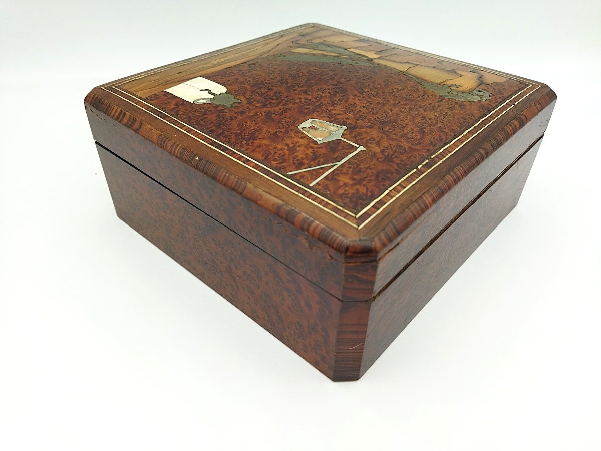 Wooden Jewelry Box With Inlays, Red Padding, "city Rats" Scene-photo-1