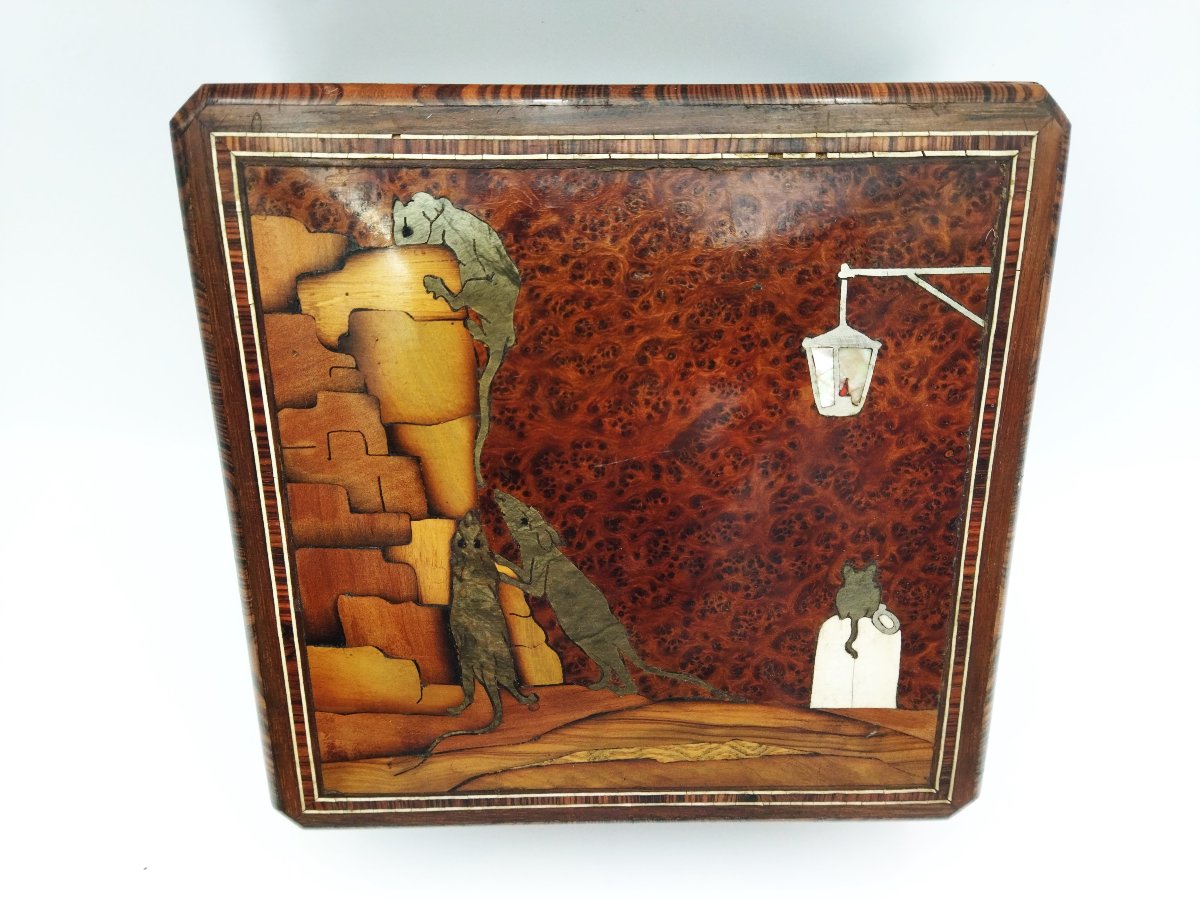 Wooden Jewelry Box With Inlays, Red Padding, "city Rats" Scene-photo-8