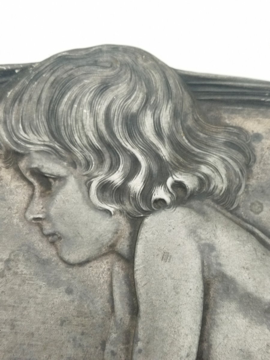 Art Nouveau Jugendstil Small Pewter Tray Trays  "the Child And The Snail" Collection-photo-3