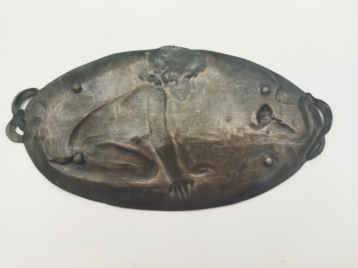 Art Nouveau Jugendstil Small Pewter Tray Trays  "the Child And The Snail" Collection-photo-2