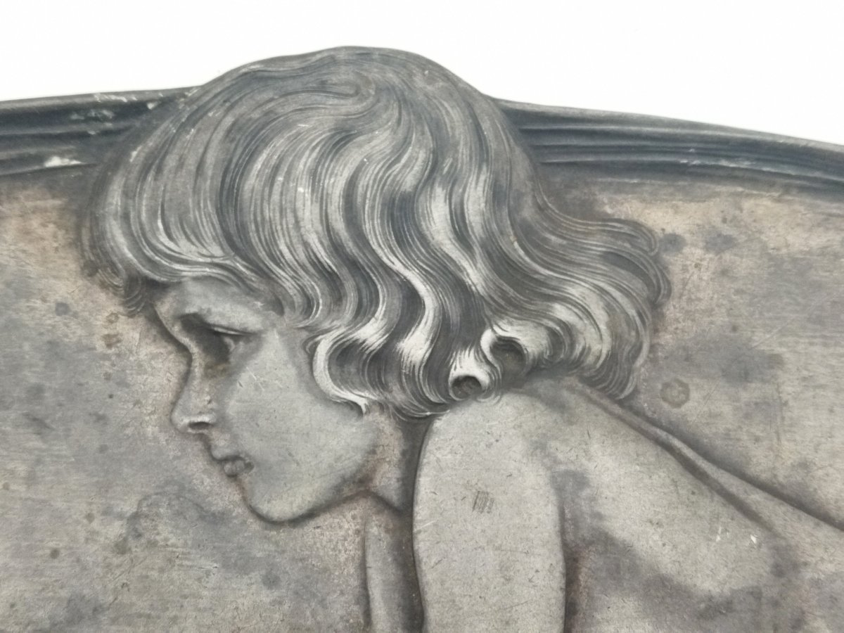 Art Nouveau Jugendstil Small Pewter Tray Trays  "the Child And The Snail" Collection-photo-5