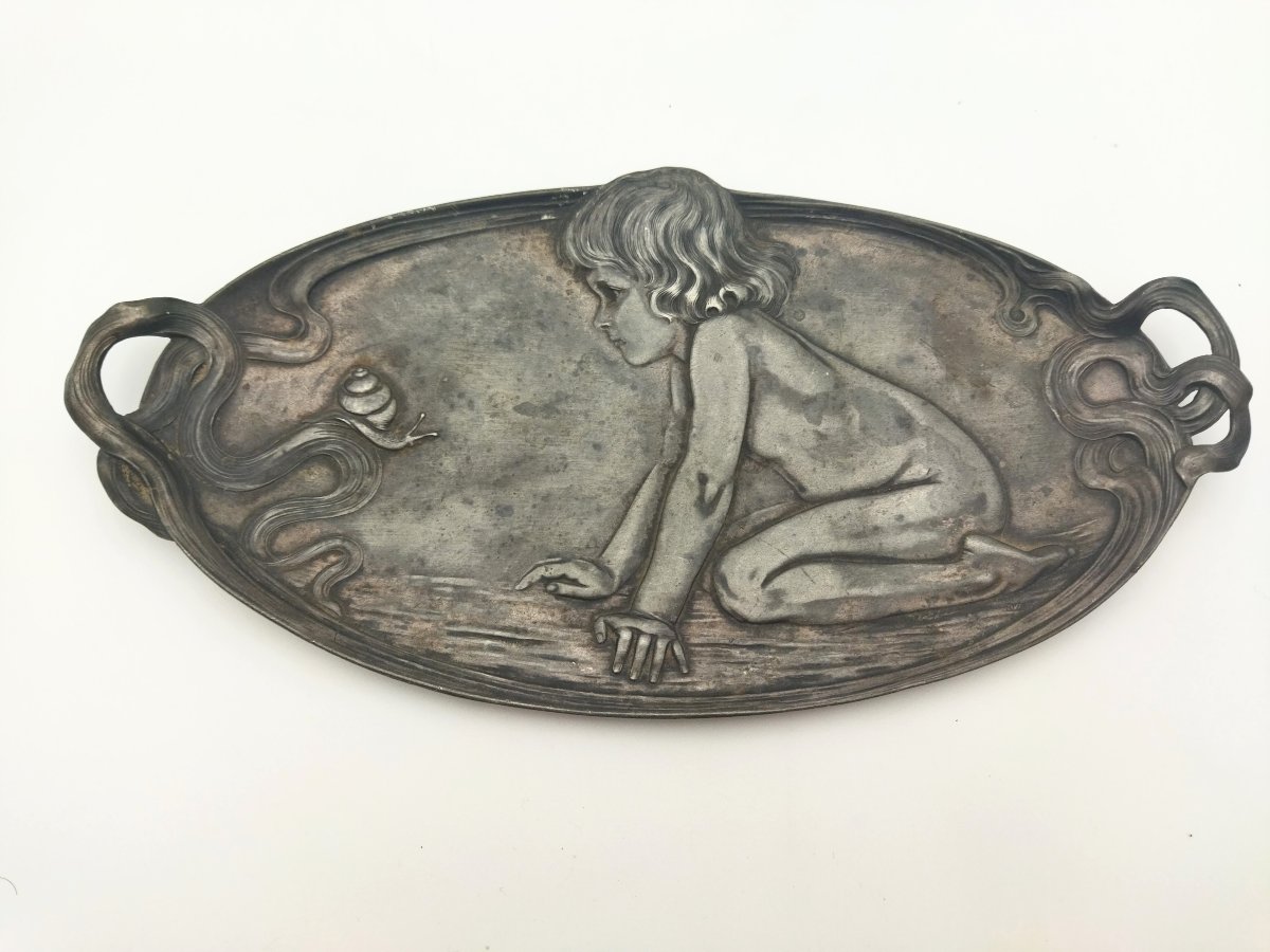 Art Nouveau Jugendstil Small Pewter Tray Trays  "the Child And The Snail" Collection