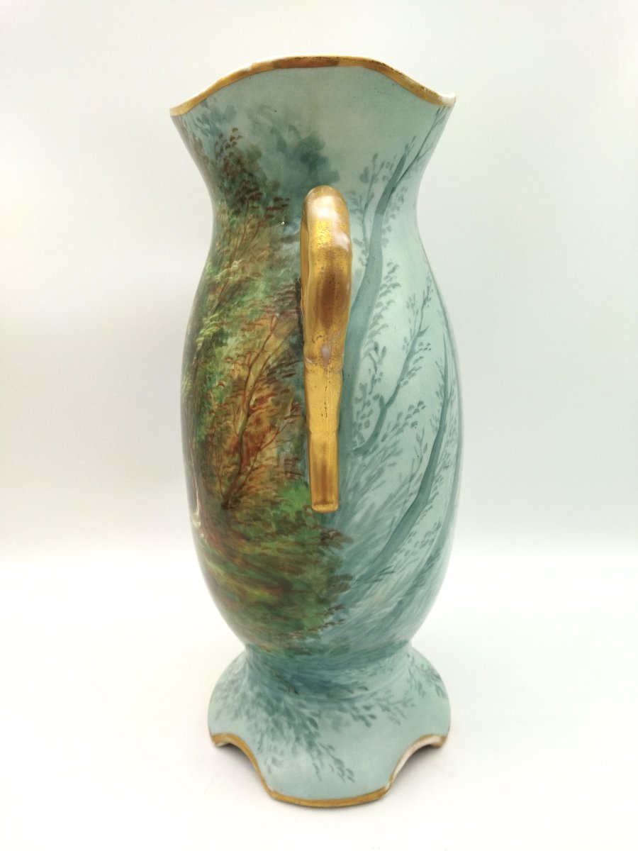 LIMOGES BOURNISSOU Grand Vase en Porcelaine peinte Main Décor Cynégétique Chasseur Faisan XIX -photo-4