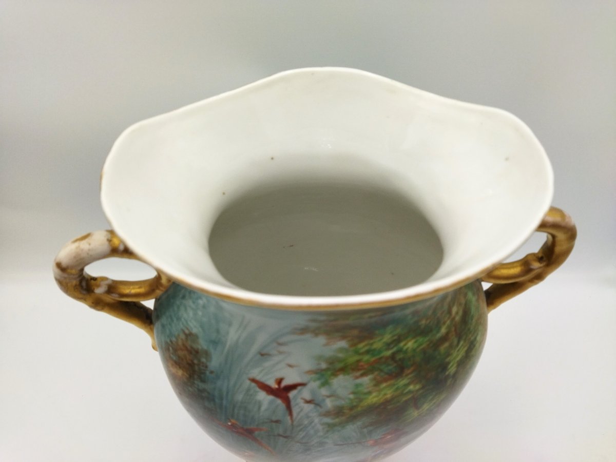 LIMOGES BOURNISSOU Grand Vase en Porcelaine peinte Main Décor Cynégétique Chasseur Faisan XIX -photo-2