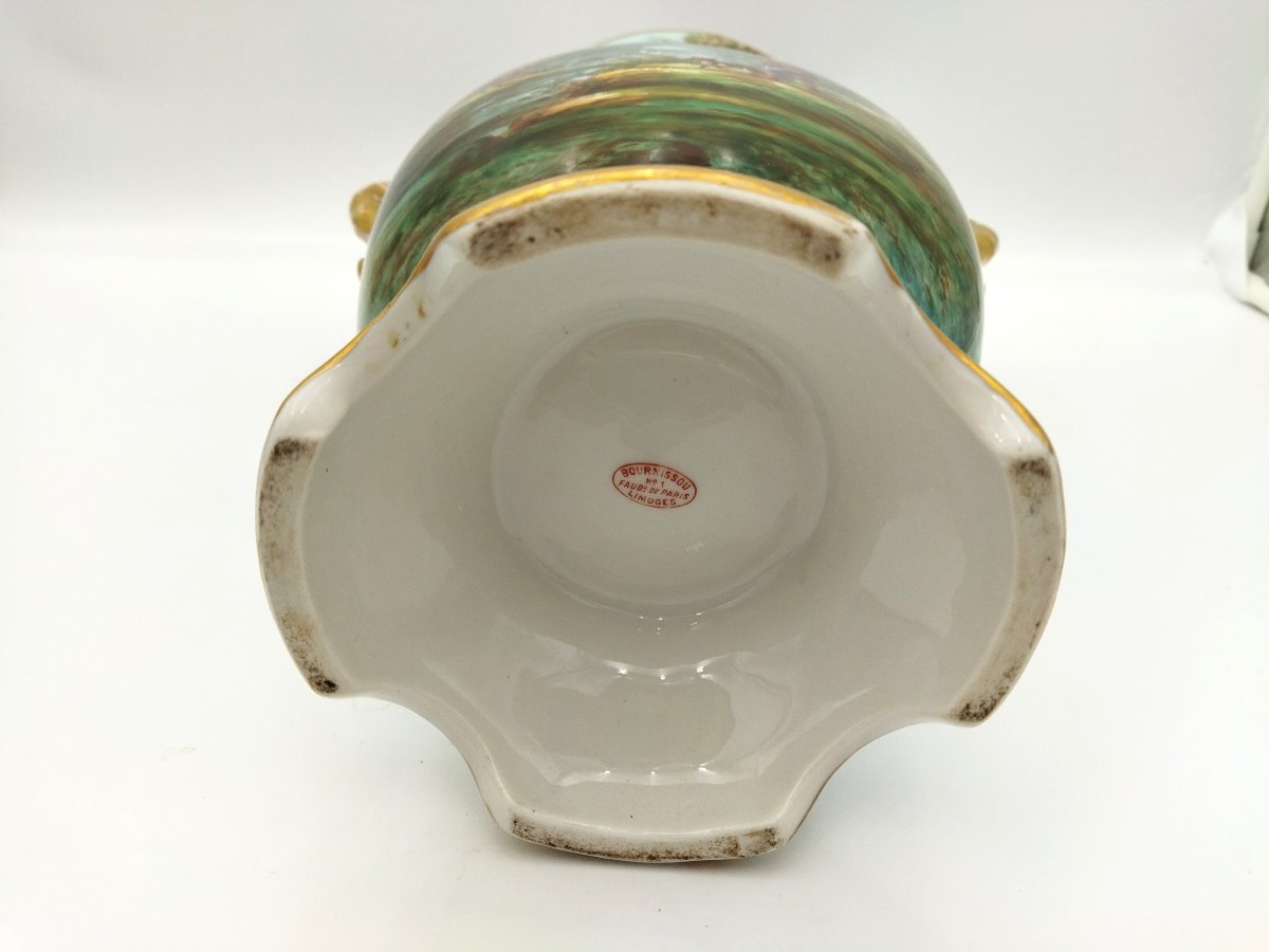 LIMOGES BOURNISSOU Grand Vase en Porcelaine peinte Main Décor Cynégétique Chasseur Faisan XIX -photo-5