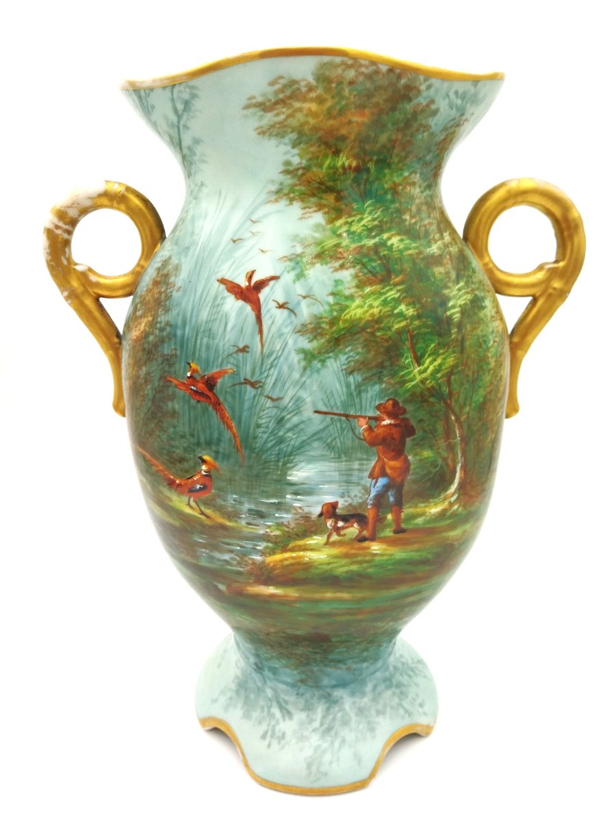 LIMOGES BOURNISSOU Grand Vase en Porcelaine peinte Main Décor Cynégétique Chasseur Faisan XIX 