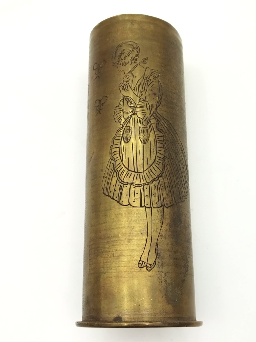 CURIOSA  DOUILLE Obus gravée Fille prude & Courtisane Artisanat Tranchées 1915  ALLEMAGNE-photo-4