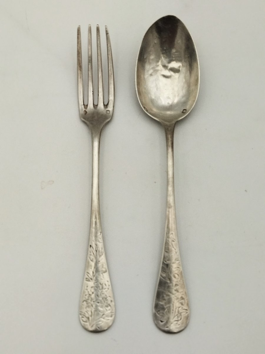 MINERVE Ier Titre Paire de Couverts en Argent Massif Fin XIX ART NOUVEAU-photo-4
