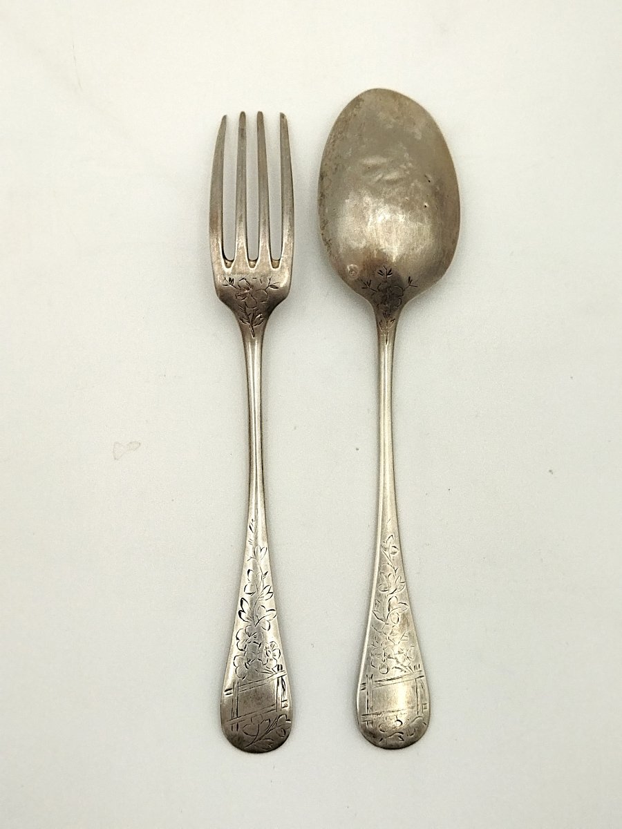 MINERVE Ier Titre Paire de Couverts en Argent Massif Fin XIX ART NOUVEAU-photo-1