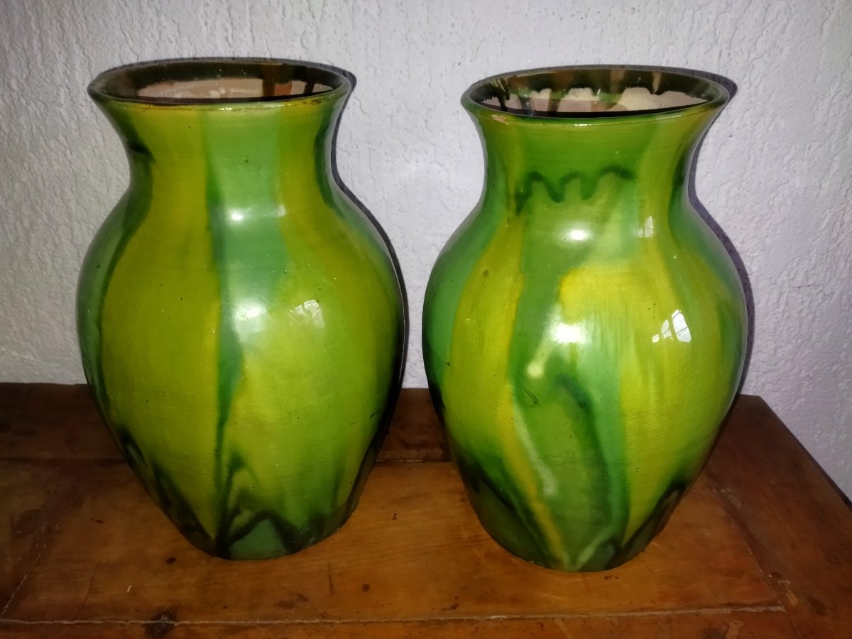 PAIRE DE VASES Terre cuite Vernissée Artisanat d'Art Sud-Est France VALLAURIS  COLLECTION-photo-2