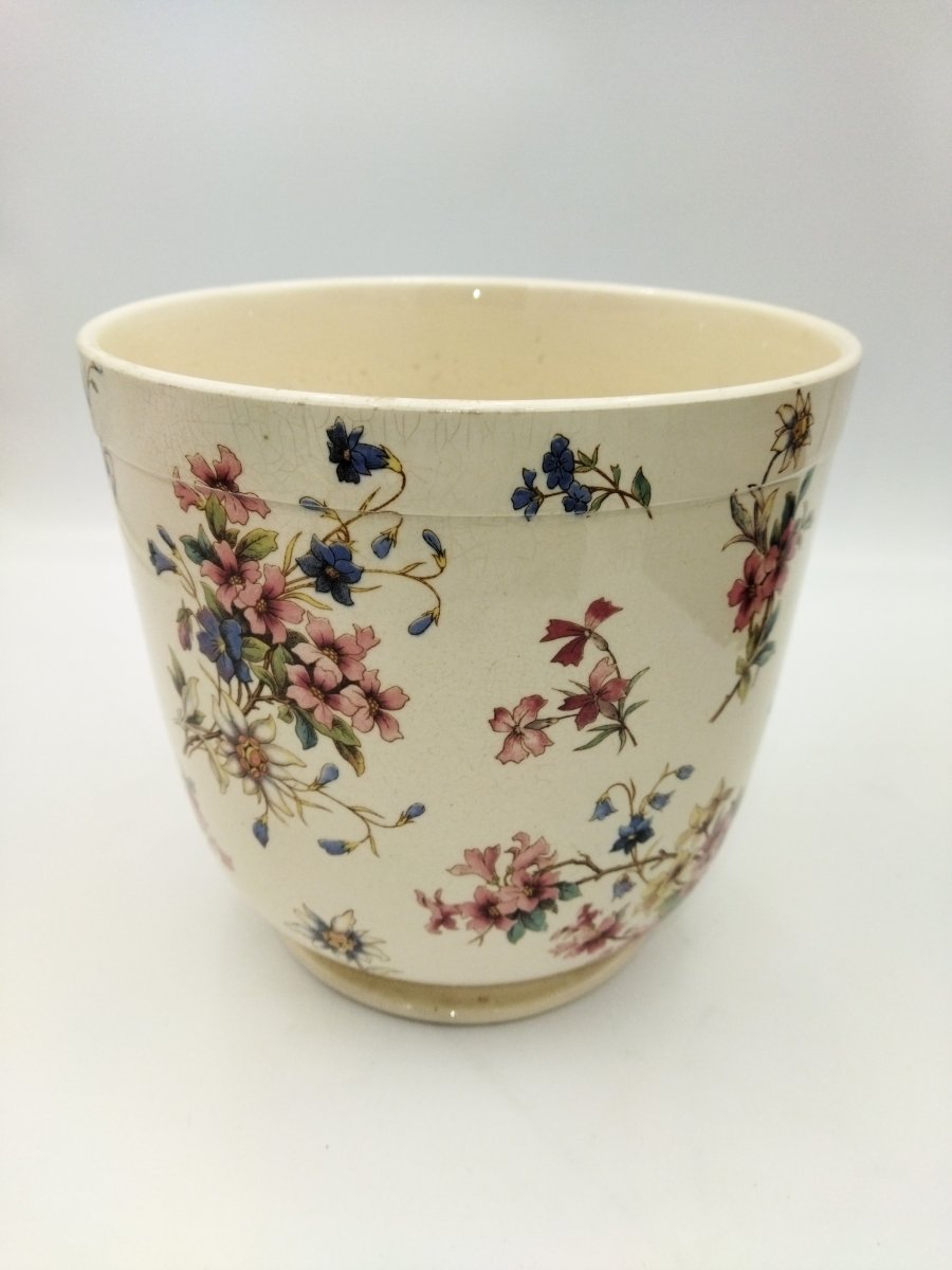 SARREGUEMINES CACHE-POT Ancien en Faience Motif Floral  Modèle "RIGHI" XIX-photo-1