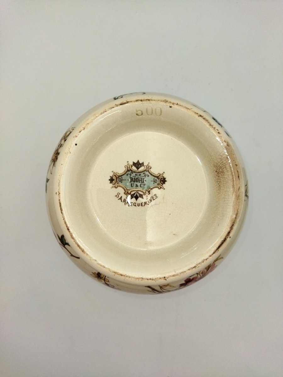 SARREGUEMINES CACHE-POT Ancien en Faience Motif Floral  Modèle "RIGHI" XIX-photo-4