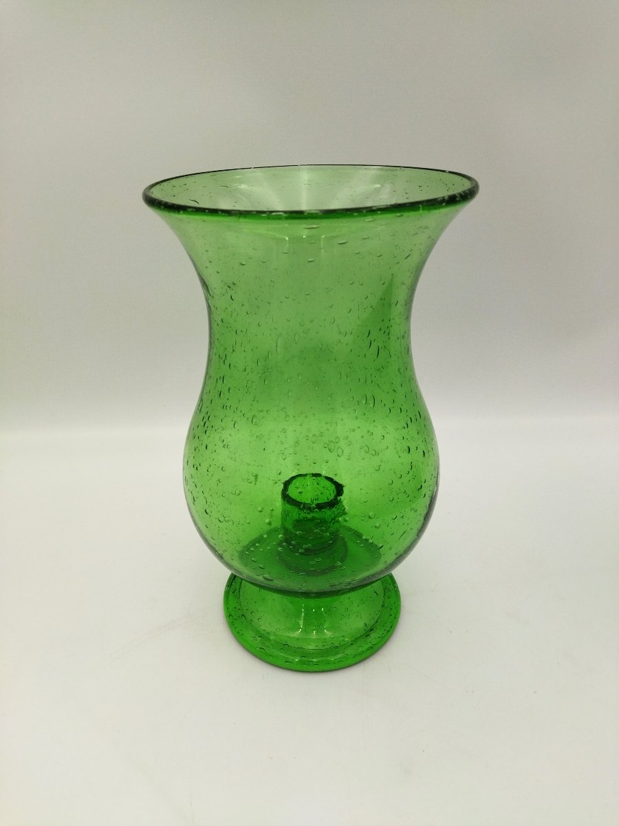 Biot Glass Lantern, Green Bottle-shaped Bubble-patterned Blown Glass, Vintage Glassware Collection-photo-2