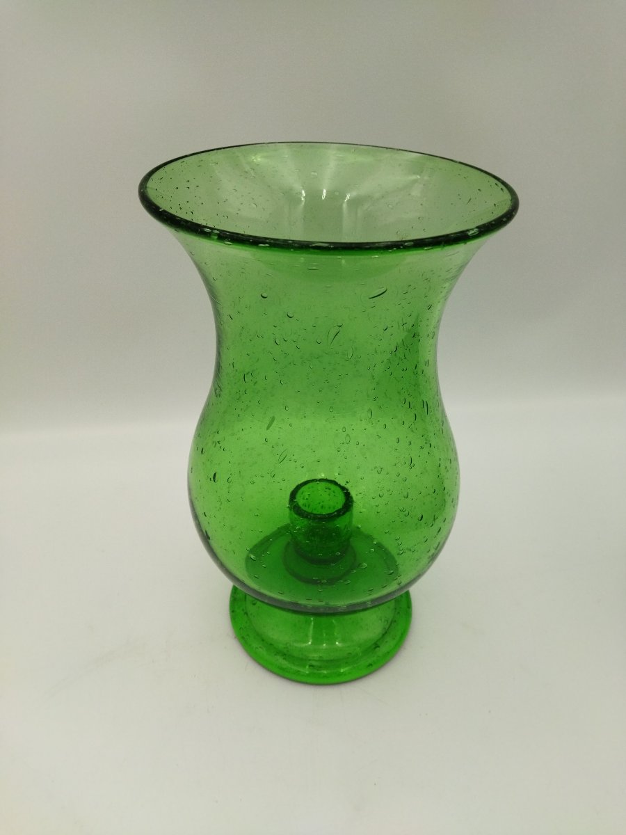 Biot Glass Lantern, Green Bottle-shaped Bubble-patterned Blown Glass, Vintage Glassware Collection-photo-4