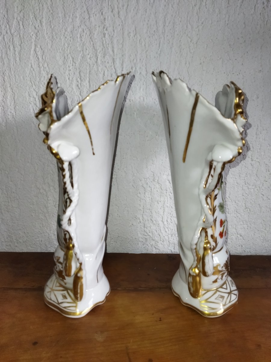 Pair Of Church Vases, Bridal Set, Paris Porcelain; Floral Design With Gilding; 19th Century, Napoleon III-photo-2
