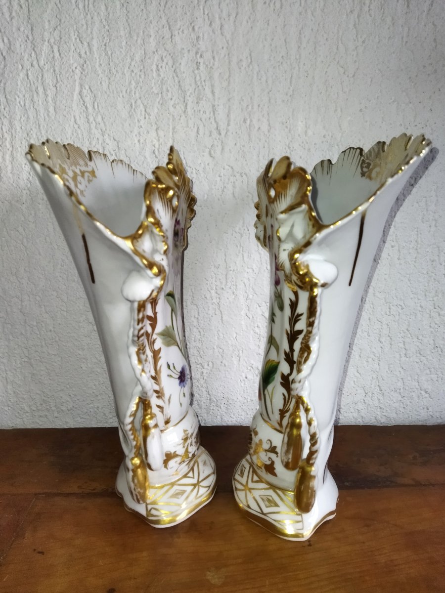 Pair Of Church Vases, Bridal Set, Paris Porcelain; Floral Design With Gilding; 19th Century, Napoleon III-photo-4